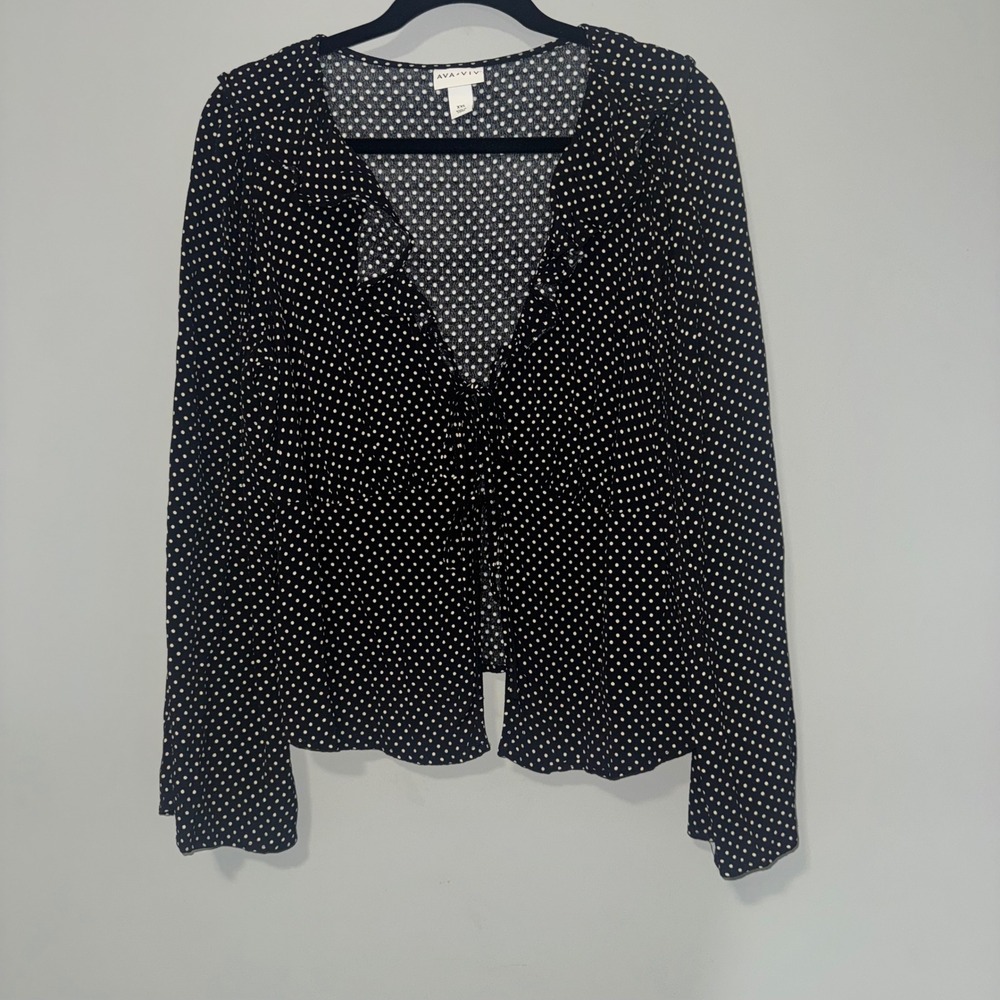 Ava & Viv Black White Polka Dot Tie Front Ruffle V-Neck Bell Sleeve Blouse XXL